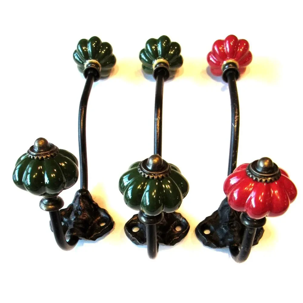 Metal hangers 3 wall hooks beautiful design green red melon ceramic knob 6-3/4in